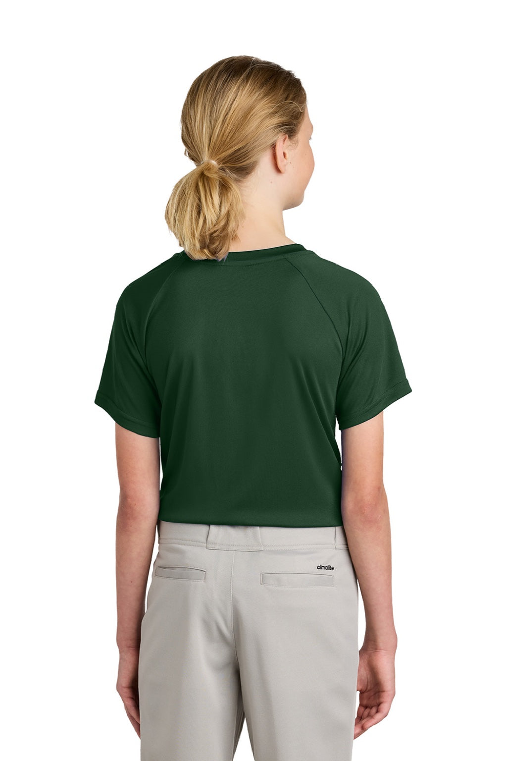 Sport-Tek YST359 Youth Moisture Wicking Competitor 2-Button Short Sleeve Henley Forest Green Model Back