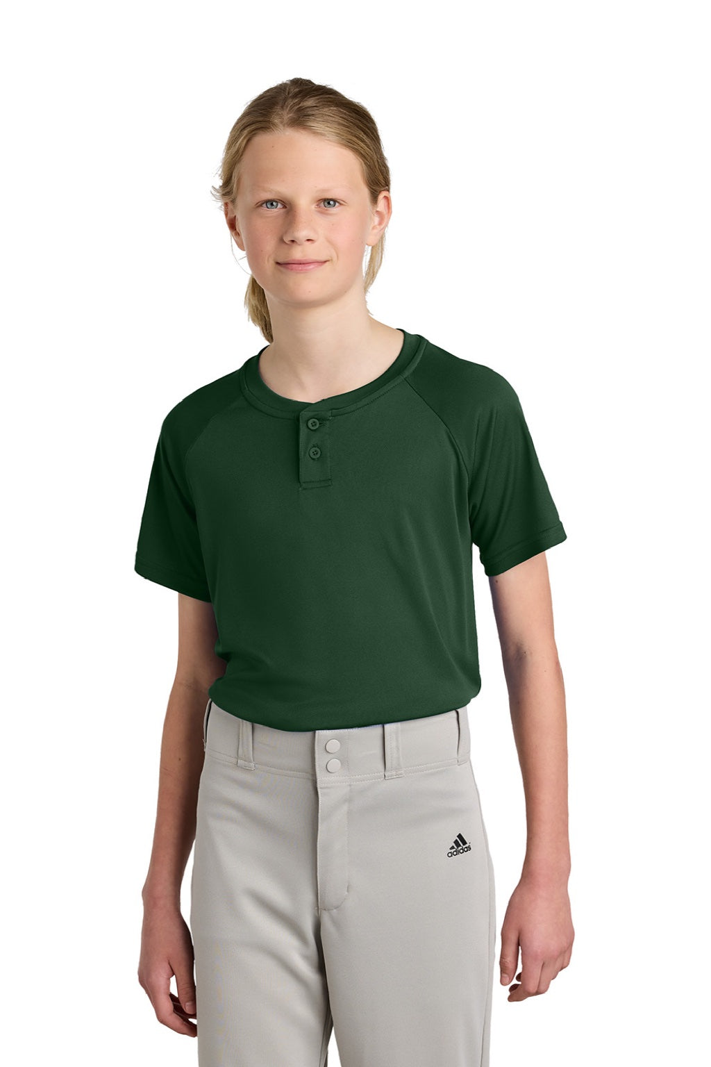 Sport-Tek YST359 Youth Moisture Wicking Competitor 2-Button Short Sleeve Henley Forest Green Model Front