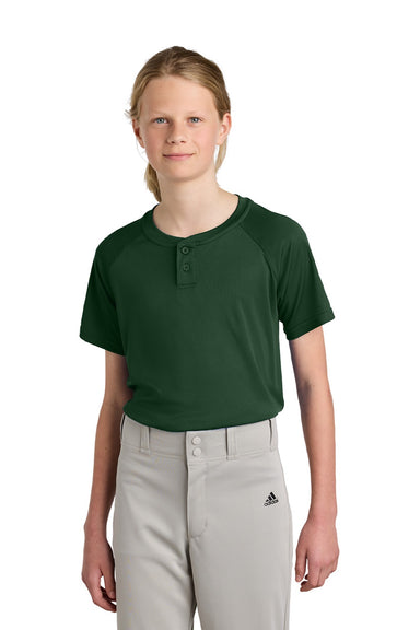 Sport-Tek YST359 Youth Moisture Wicking Competitor 2-Button Short Sleeve Henley Forest Green Model Front