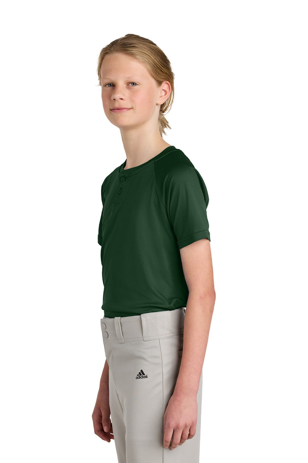 Sport-Tek YST359 Youth Moisture Wicking Competitor 2-Button Short Sleeve Henley Forest Green Model Side
