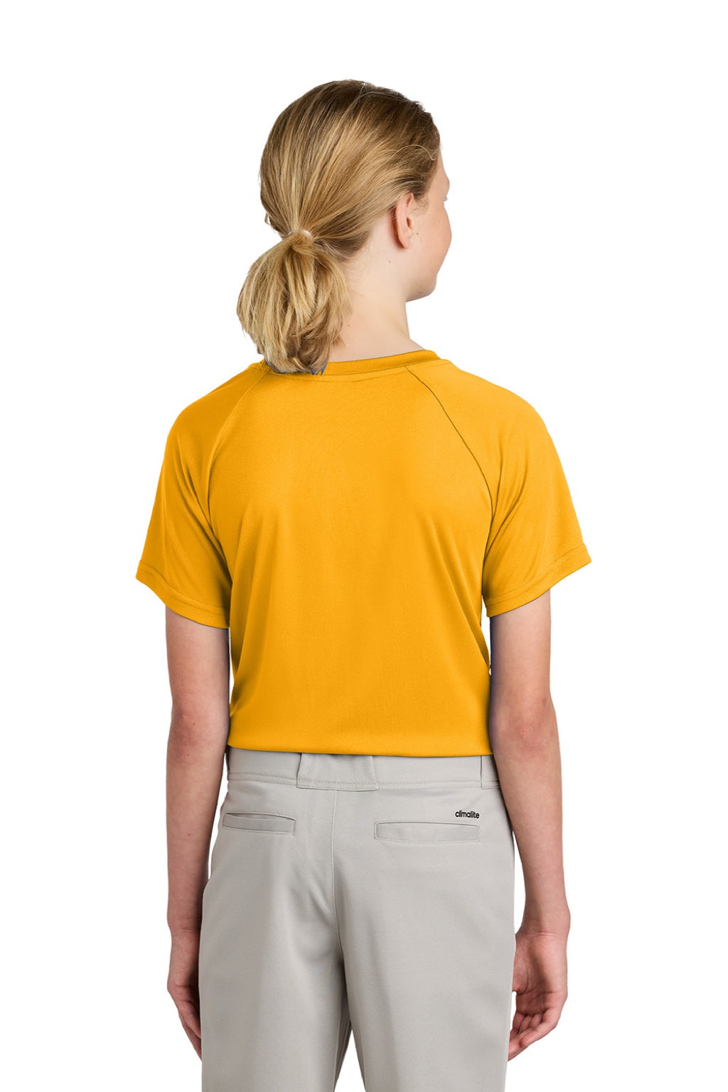 Sport-Tek YST359 Youth Moisture Wicking Competitor 2-Button Short Sleeve Henley Gold Model Back