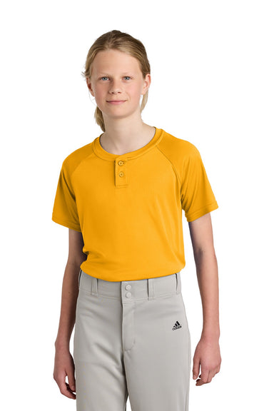 Sport-Tek YST359 Youth Moisture Wicking Competitor 2-Button Short Sleeve Henley Gold Model Front