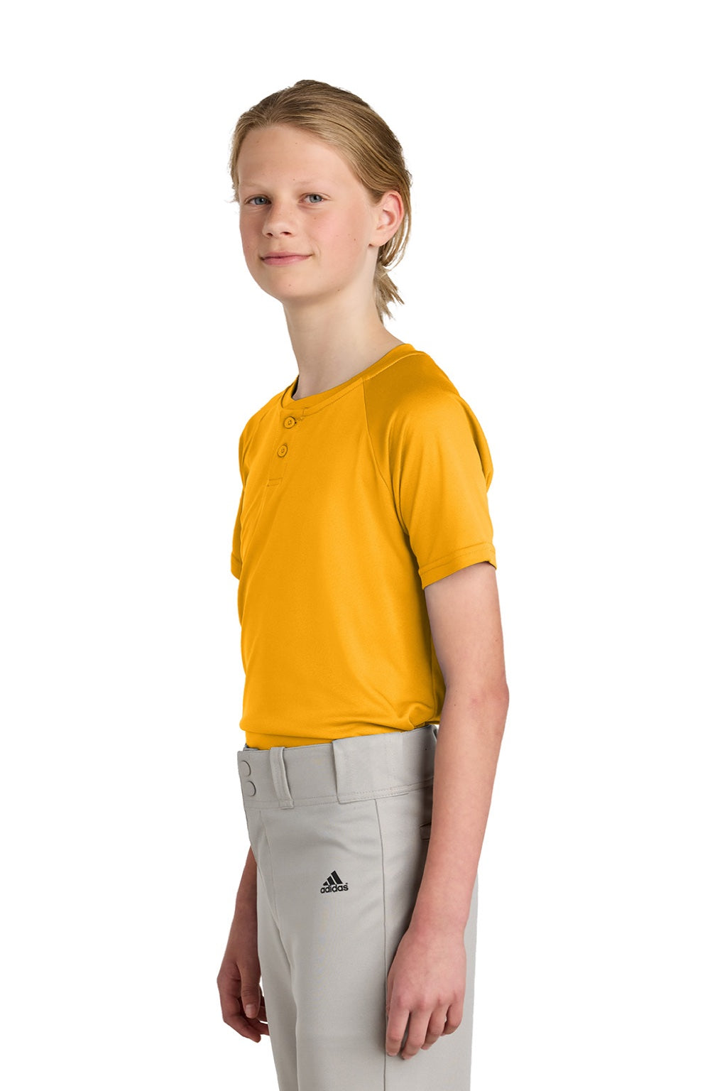 Sport-Tek YST359 Youth Moisture Wicking Competitor 2-Button Short Sleeve Henley Gold Model Side