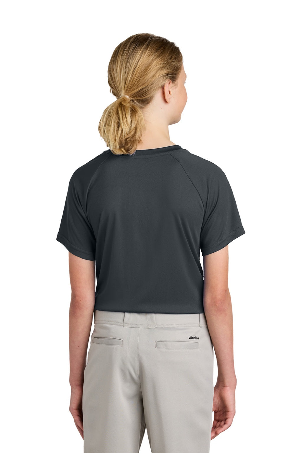 Sport-Tek YST359 Youth Moisture Wicking Competitor 2-Button Short Sleeve Henley Iron Grey Model Back