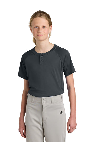 Sport-Tek YST359 Youth Moisture Wicking Competitor 2-Button Short Sleeve Henley Iron Grey Model Front