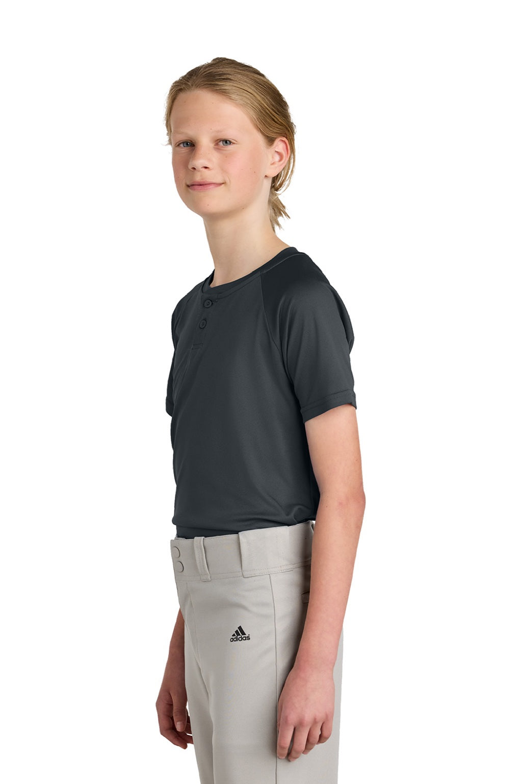 Sport-Tek YST359 Youth Moisture Wicking Competitor 2-Button Short Sleeve Henley Iron Grey Model Side