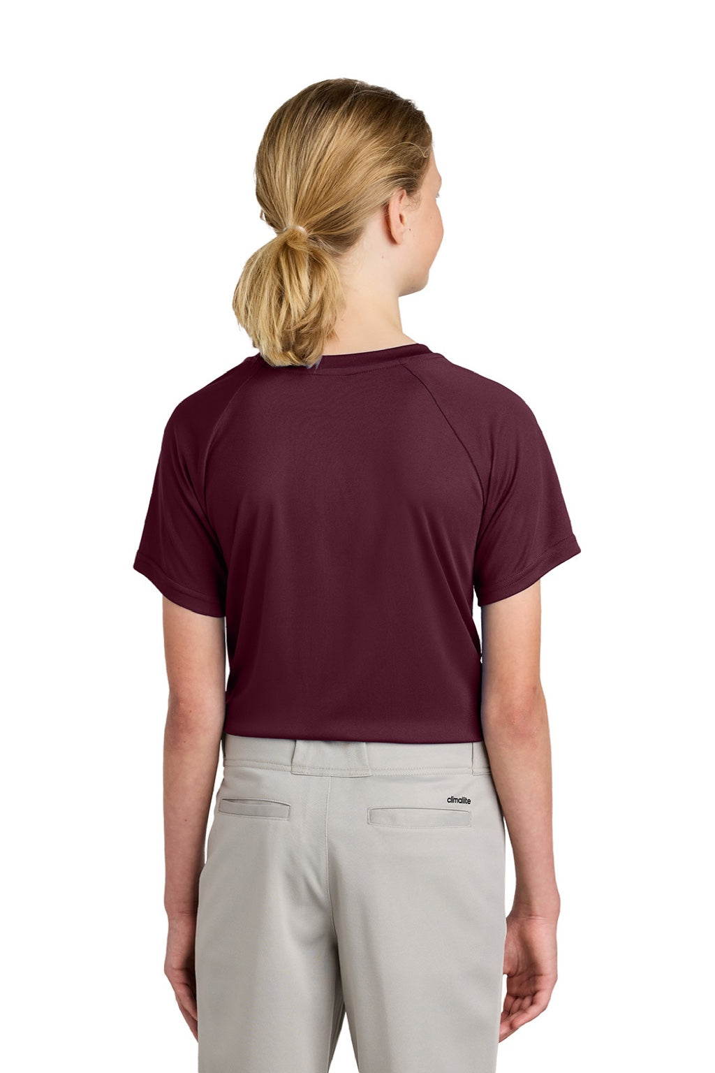 Sport-Tek YST359 Youth Moisture Wicking Competitor 2-Button Short Sleeve Henley Maroon Model Back