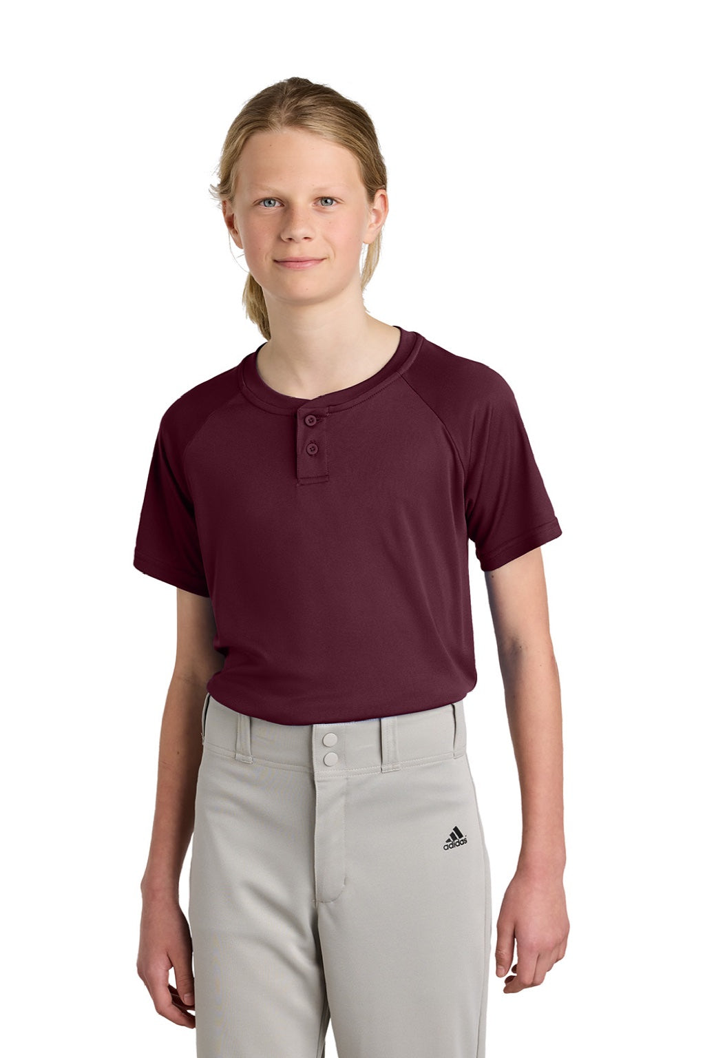 Sport-Tek YST359 Youth Moisture Wicking Competitor 2-Button Short Sleeve Henley Maroon Model Front