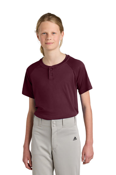 Sport-Tek YST359 Youth Moisture Wicking Competitor 2-Button Short Sleeve Henley Maroon Model Front