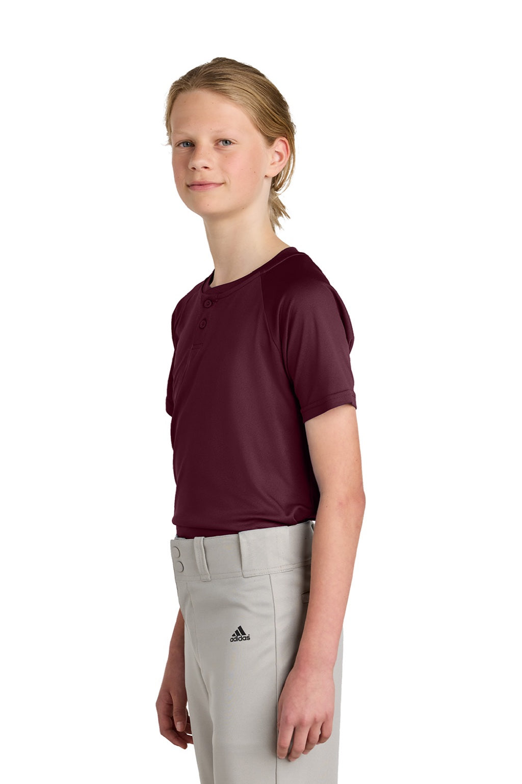Sport-Tek YST359 Youth Moisture Wicking Competitor 2-Button Short Sleeve Henley Maroon Model Side