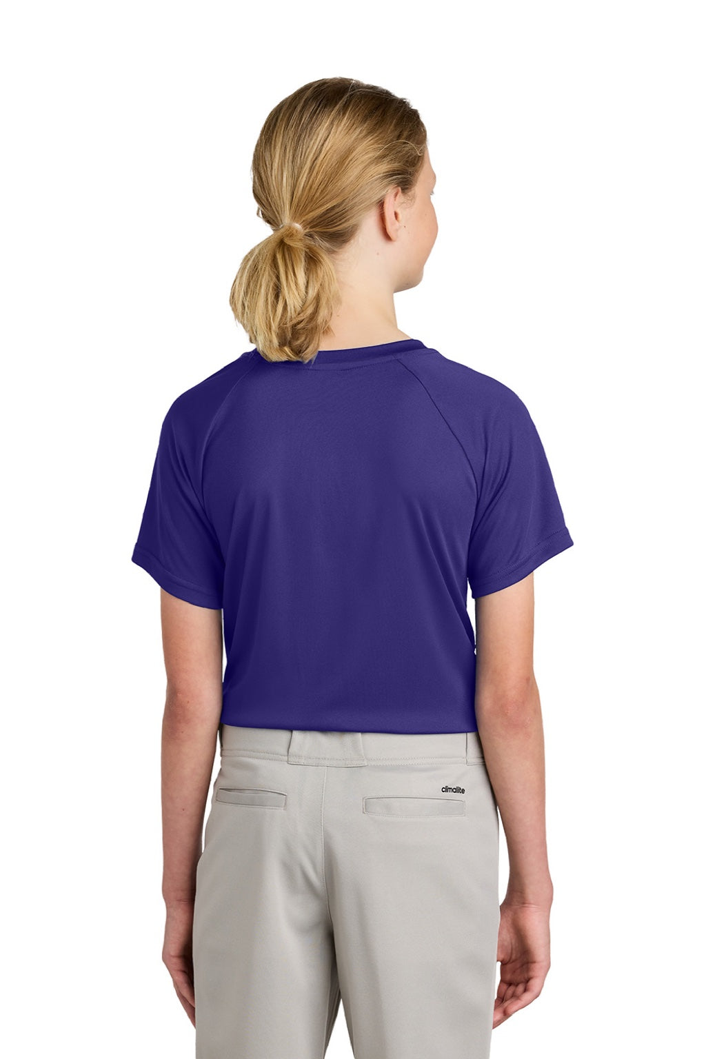 Sport-Tek YST359 Youth Moisture Wicking Competitor 2-Button Short Sleeve Henley Purple Model Back