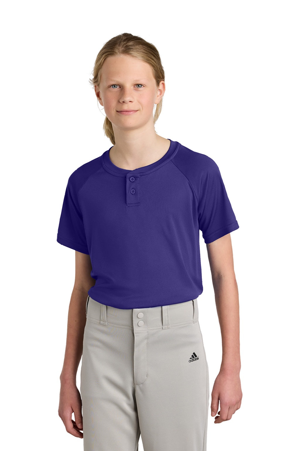 Sport-Tek YST359 Youth Moisture Wicking Competitor 2-Button Short Sleeve Henley Purple Model Front