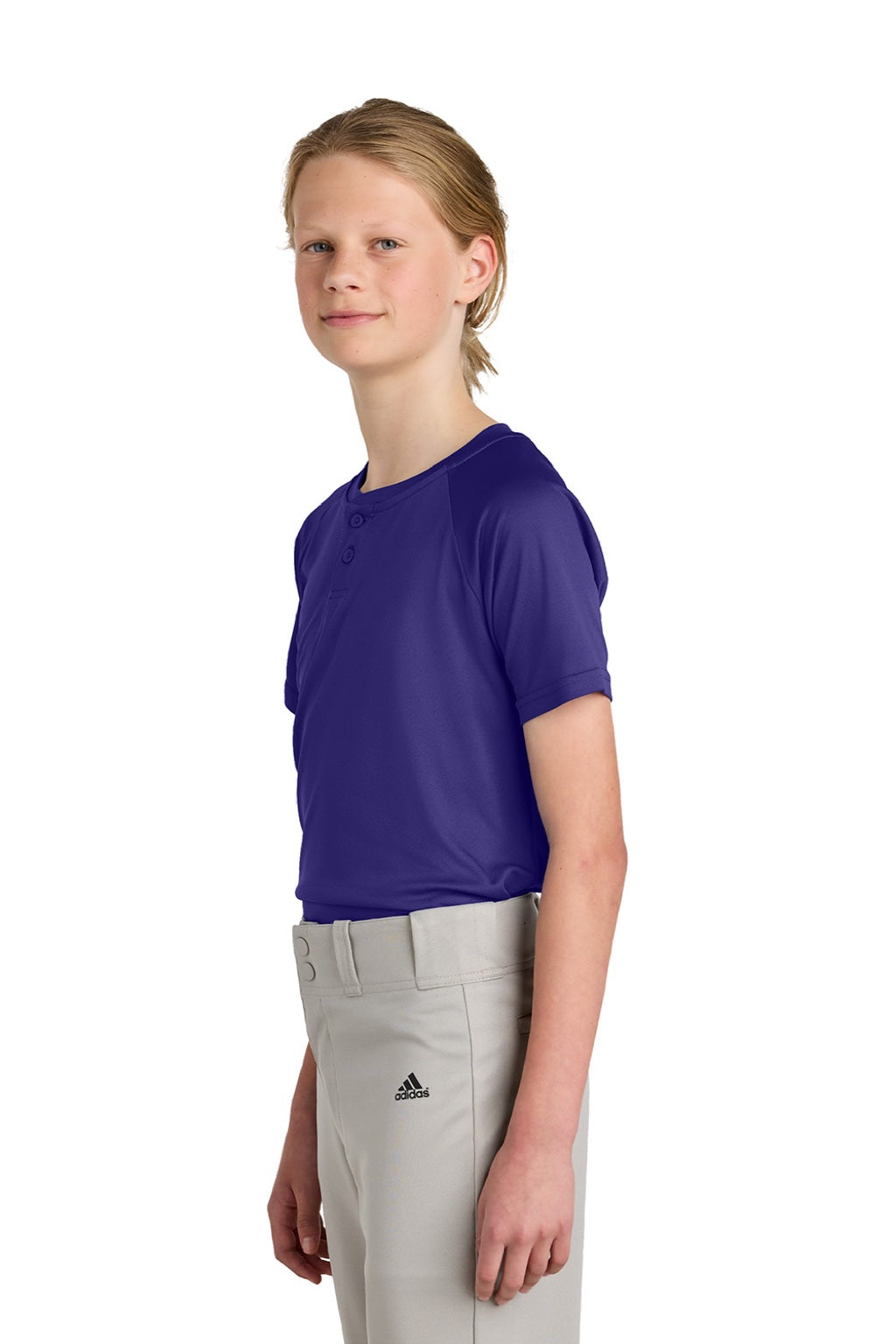 Sport-Tek YST359 Youth Moisture Wicking Competitor 2-Button Short Sleeve Henley Purple Model Side