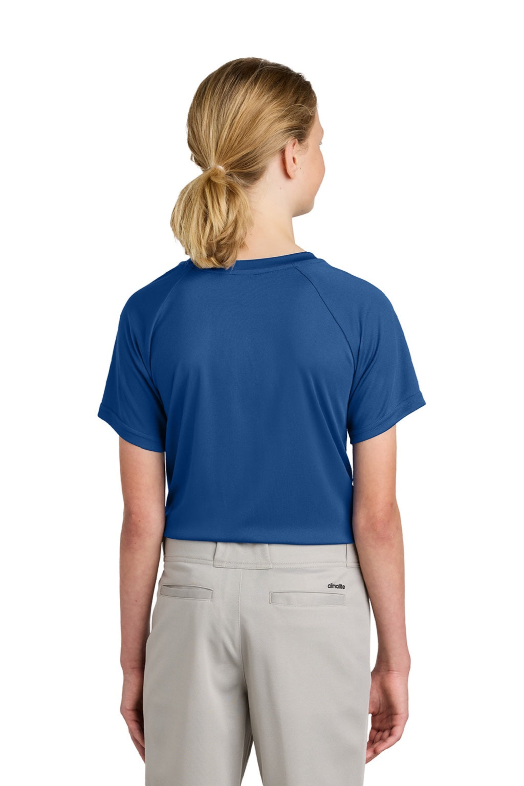 Sport-Tek YST359 Youth Moisture Wicking Competitor 2-Button Short Sleeve Henley Royal Blue Model Back