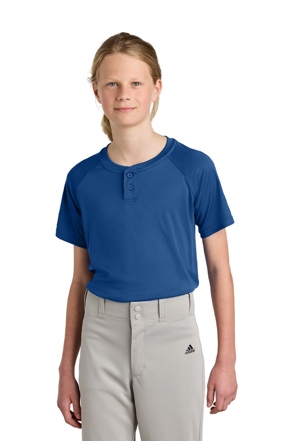 Sport-Tek YST359 Youth Moisture Wicking Competitor 2-Button Short Sleeve Henley Royal Blue Model Front