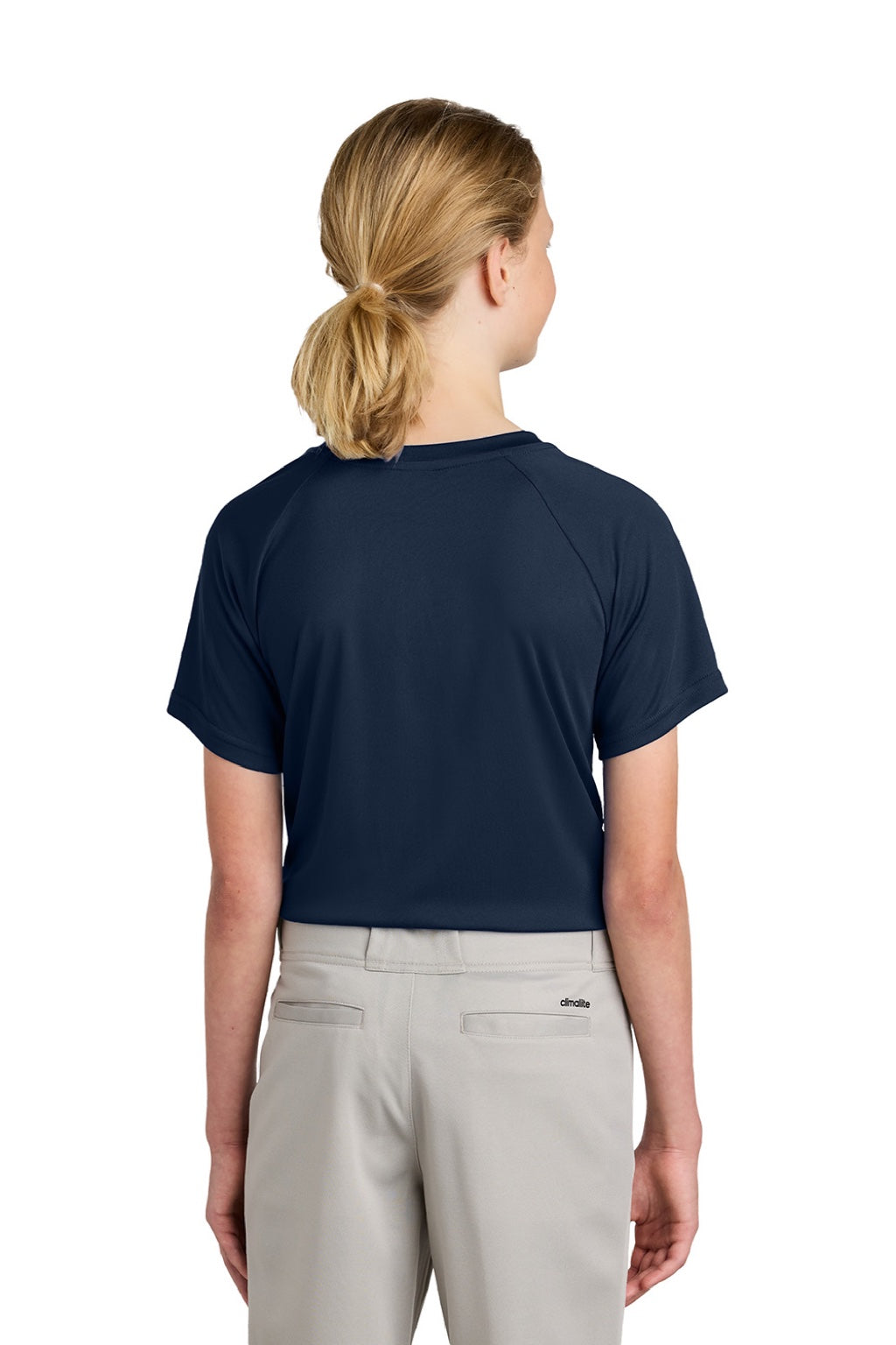 Sport-Tek YST359 Youth Moisture Wicking Competitor 2-Button Short Sleeve Henley True Navy Blue Model Back