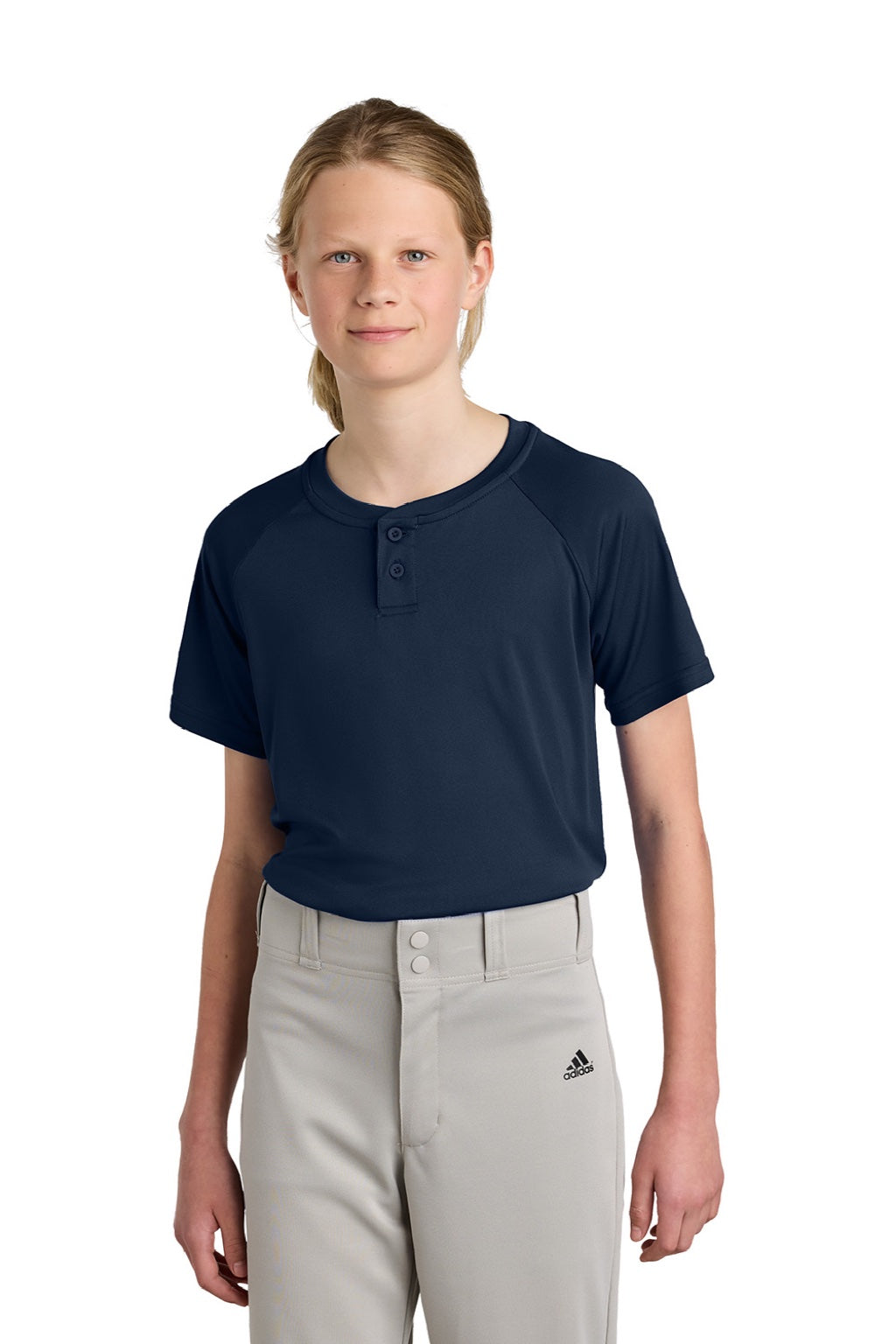 Sport-Tek YST359 Youth Moisture Wicking Competitor 2-Button Short Sleeve Henley True Navy Blue Model Front