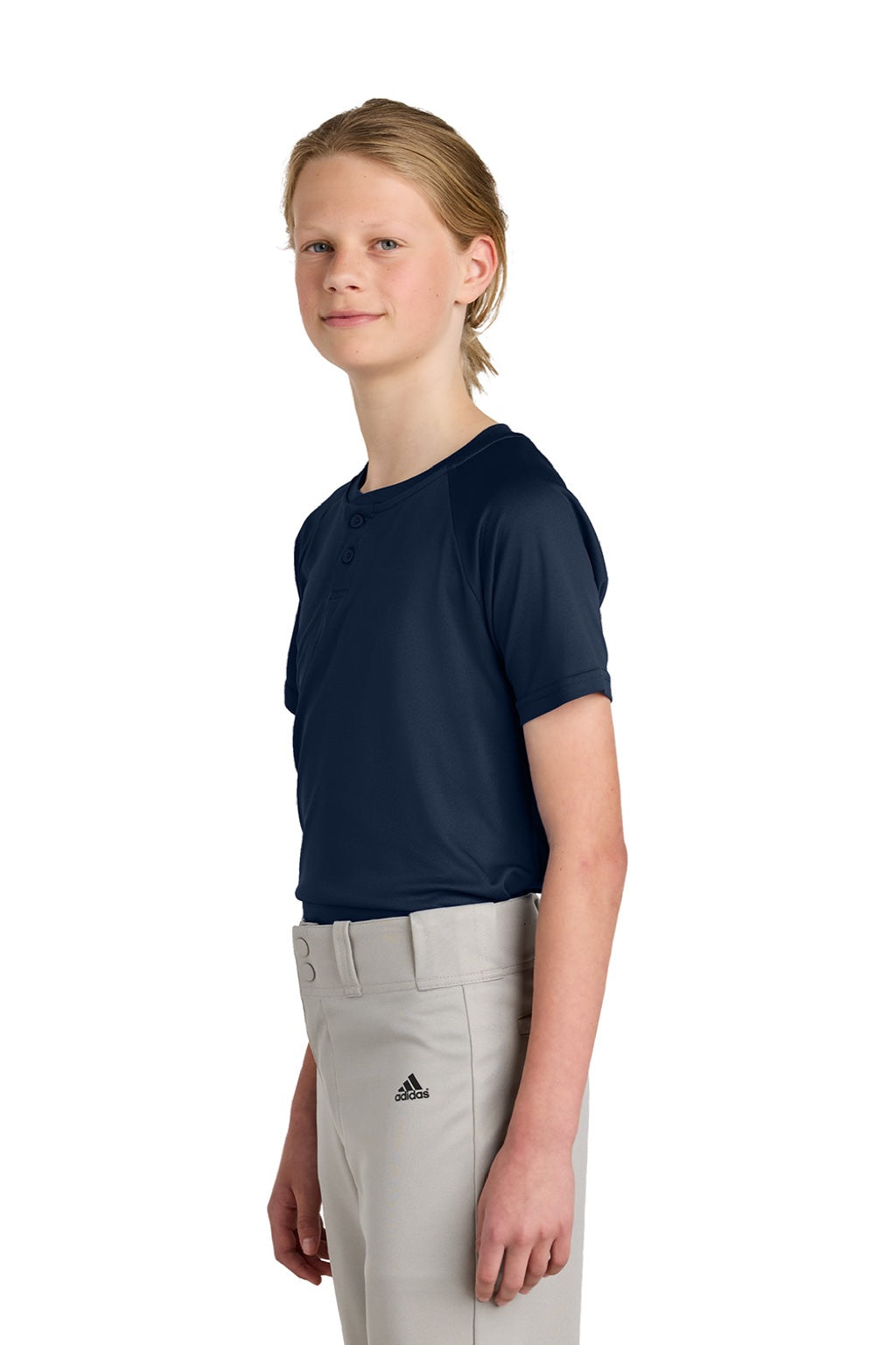 Sport-Tek YST359 Youth Moisture Wicking Competitor 2-Button Short Sleeve Henley True Navy Blue Model Side