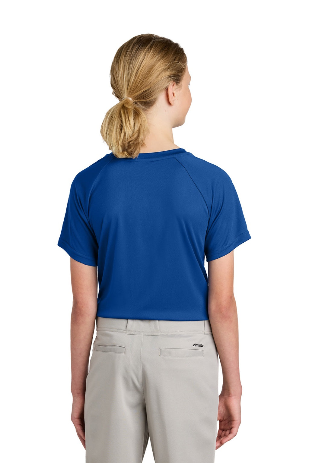 Sport-Tek YST359 Youth Moisture Wicking Competitor 2-Button Short Sleeve Henley True Royal Blue Model Back