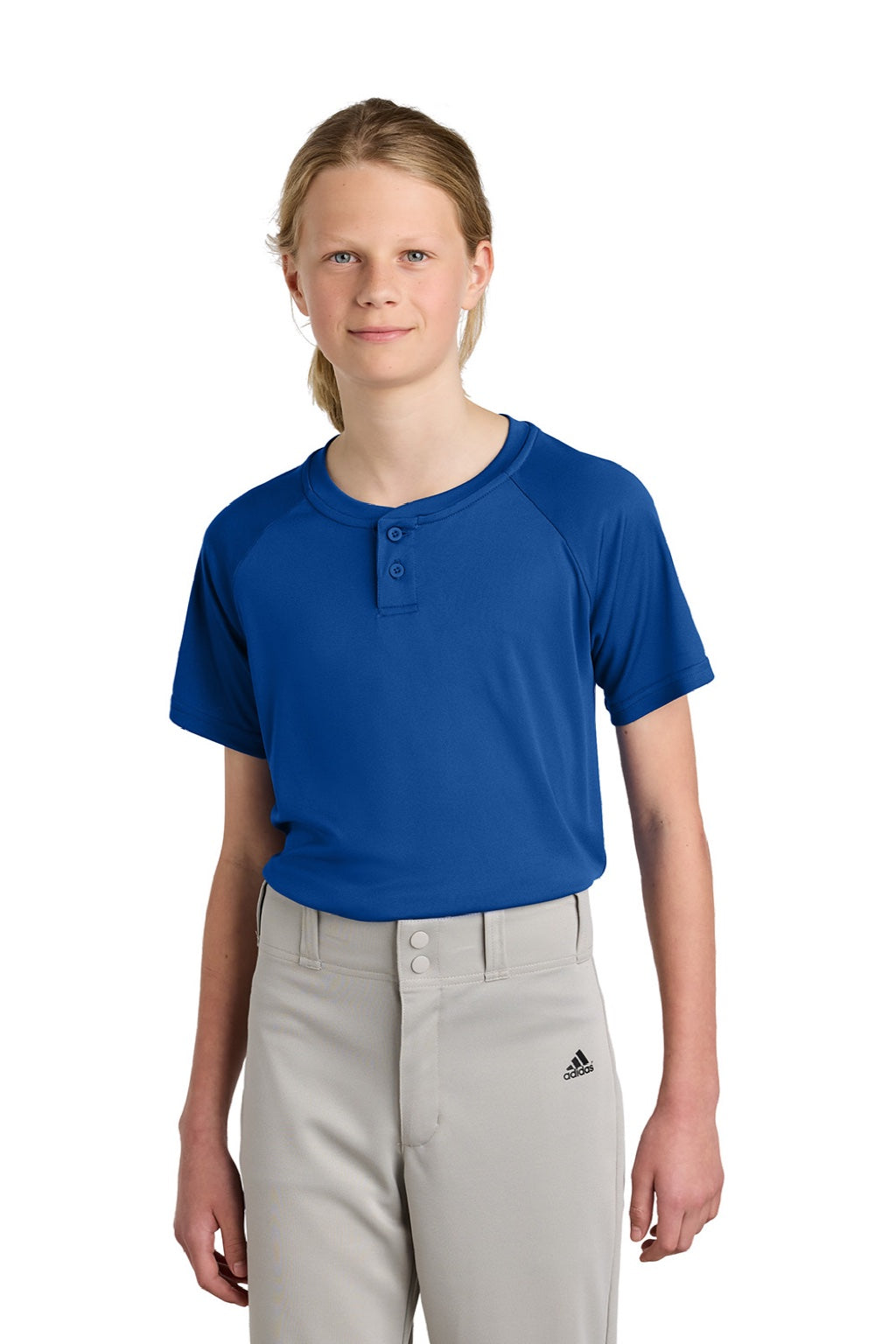 Sport-Tek YST359 Youth Moisture Wicking Competitor 2-Button Short Sleeve Henley True Royal Blue Model Front