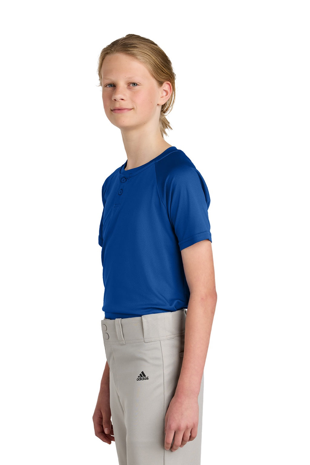 Sport-Tek YST359 Youth Moisture Wicking Competitor 2-Button Short Sleeve Henley True Royal Blue Model Side