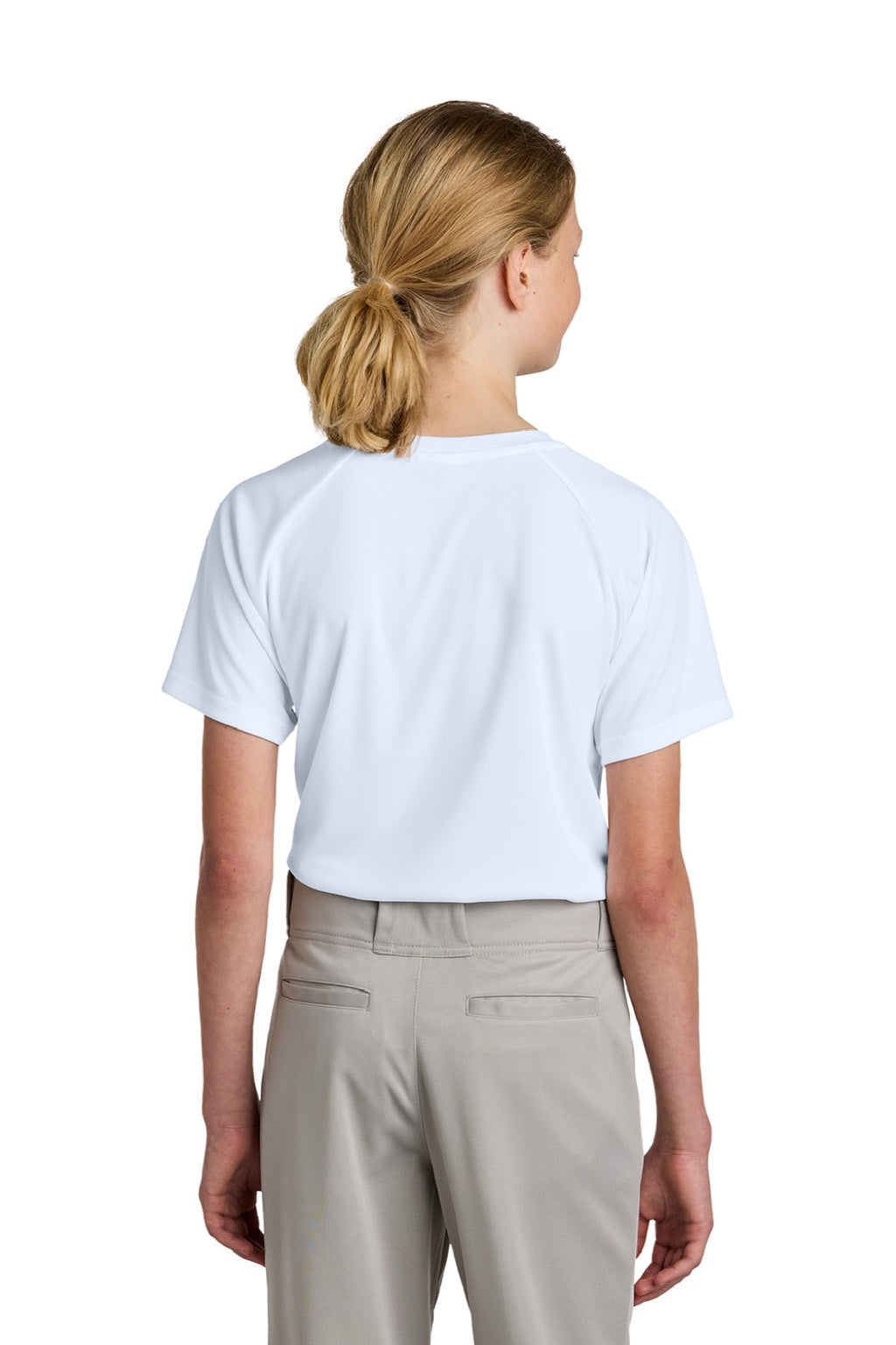 Sport-Tek YST359 Youth Moisture Wicking Competitor 2-Button Short Sleeve Henley White Model Back