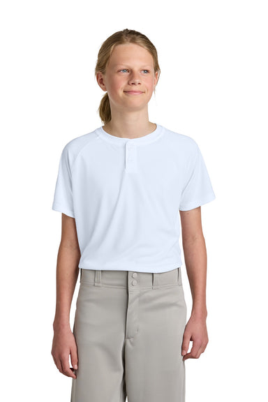 Sport-Tek YST359 Youth Moisture Wicking Competitor 2-Button Short Sleeve Henley White Model Front
