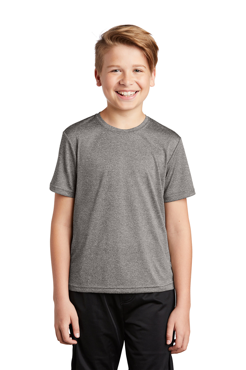 Sport-Tek YST360 Youth Contender Heather Moisture Wicking Short Sleeve Crewneck T-Shirt Heather Vintage Grey Model Front