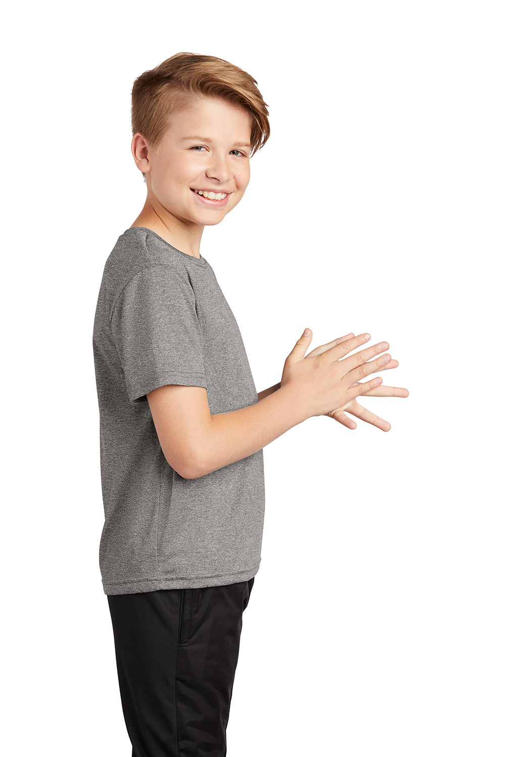Sport-Tek YST360 Youth Contender Heather Moisture Wicking Short Sleeve Crewneck T-Shirt Heather Vintage Grey Model Side