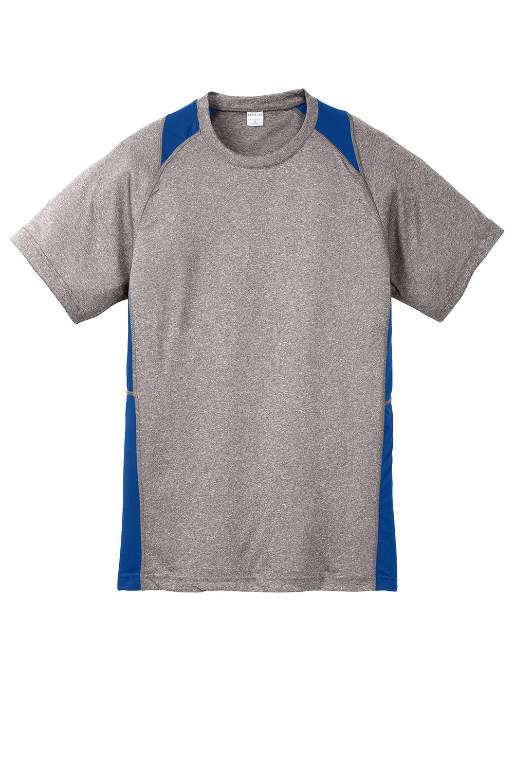 Sport-Tek YST361 Youth Contender Heather Moisture Wicking Short Sleeve Crewneck T-Shirt Heather Vintage Grey/True Royal Blue Flat Front