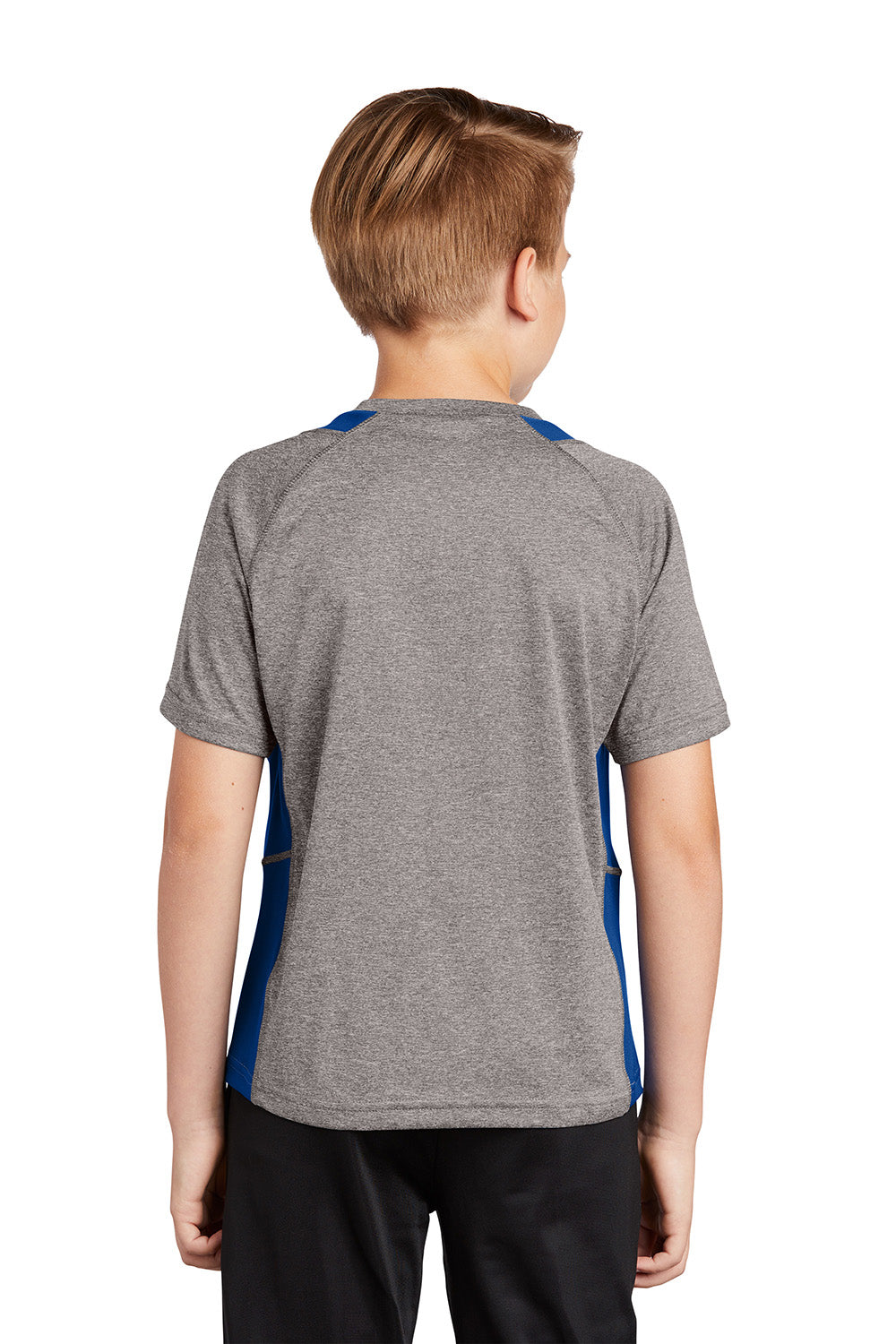 Sport-Tek YST361 Youth Contender Heather Moisture Wicking Short Sleeve Crewneck T-Shirt Heather Vintage Grey/True Royal Blue Model Back