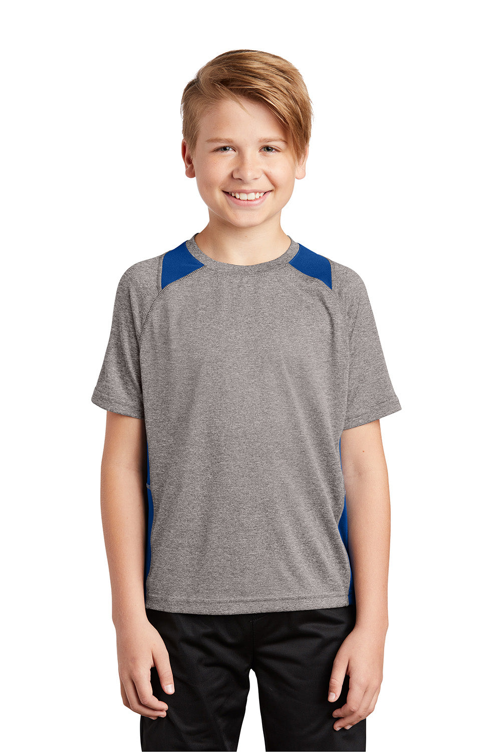 Sport-Tek YST361 Youth Contender Heather Moisture Wicking Short Sleeve Crewneck T-Shirt Heather Vintage Grey/True Royal Blue Model Front