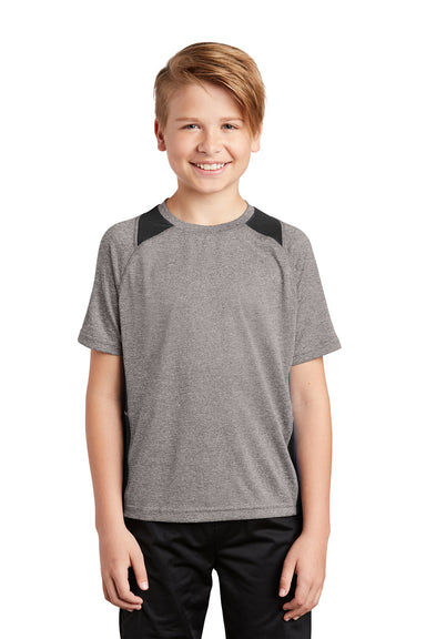 Sport-Tek YST361 Youth Contender Heather Moisture Wicking Short Sleeve Crewneck T-Shirt Heather Vintage Grey/Black Model Front
