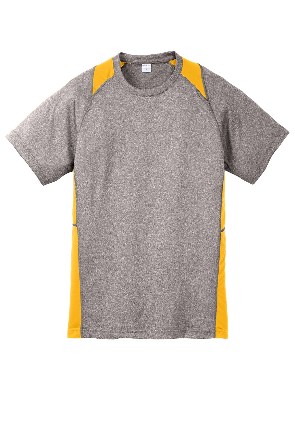 Sport-Tek YST361 Youth Contender Heather Moisture Wicking Short Sleeve Crewneck T-Shirt Heather Vintage Grey/Gold Flat Front