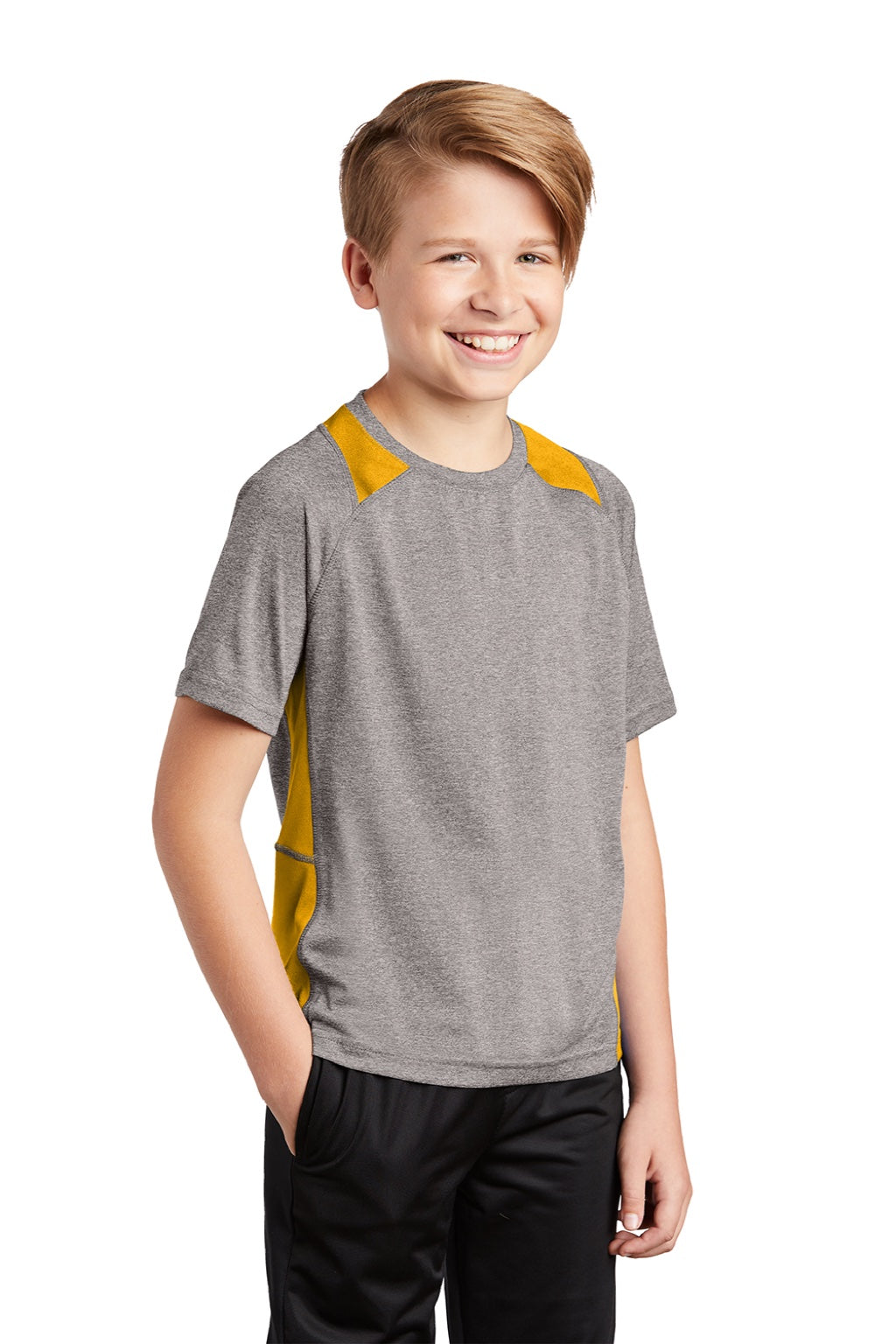 Sport-Tek YST361 Youth Contender Heather Moisture Wicking Short Sleeve Crewneck T-Shirt Heather Vintage Grey/Gold Model 3q