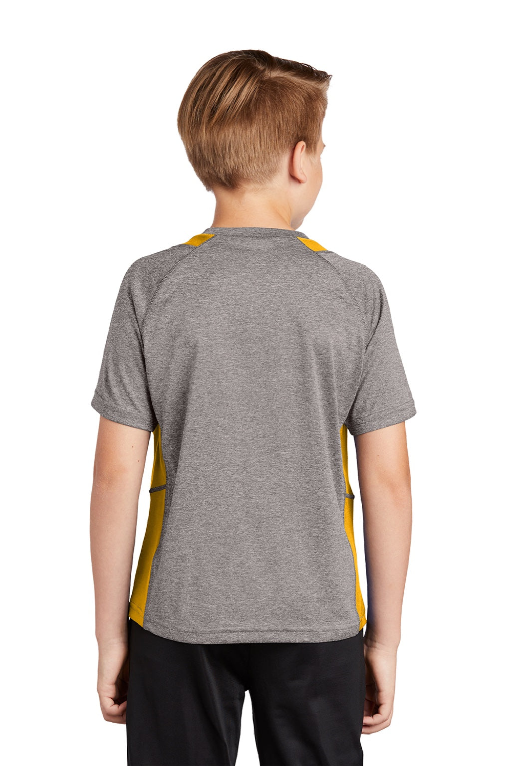 Sport-Tek YST361 Youth Contender Heather Moisture Wicking Short Sleeve Crewneck T-Shirt Heather Vintage Grey/Gold Model Back