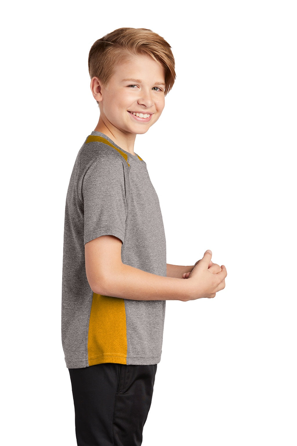 Sport-Tek YST361 Youth Contender Heather Moisture Wicking Short Sleeve Crewneck T-Shirt Heather Vintage Grey/Gold Model Side