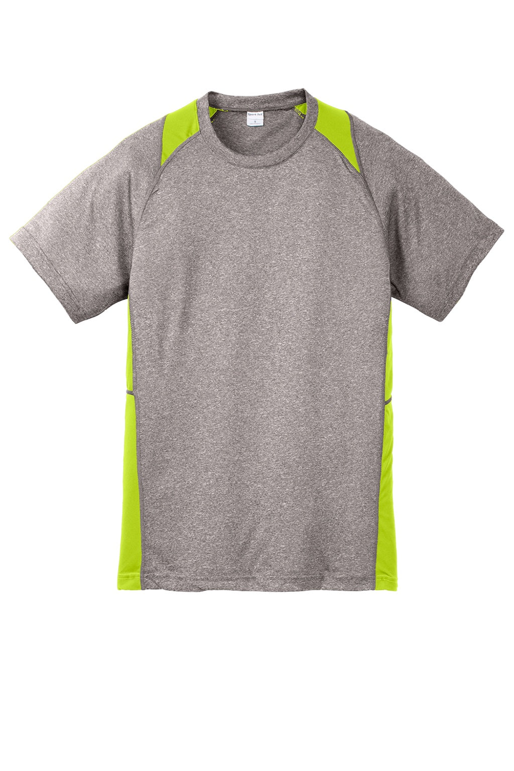 Sport-Tek YST361 Youth Contender Heather Moisture Wicking Short Sleeve Crewneck T-Shirt Heather Vintage Grey/Lime Shock Green Flat Front