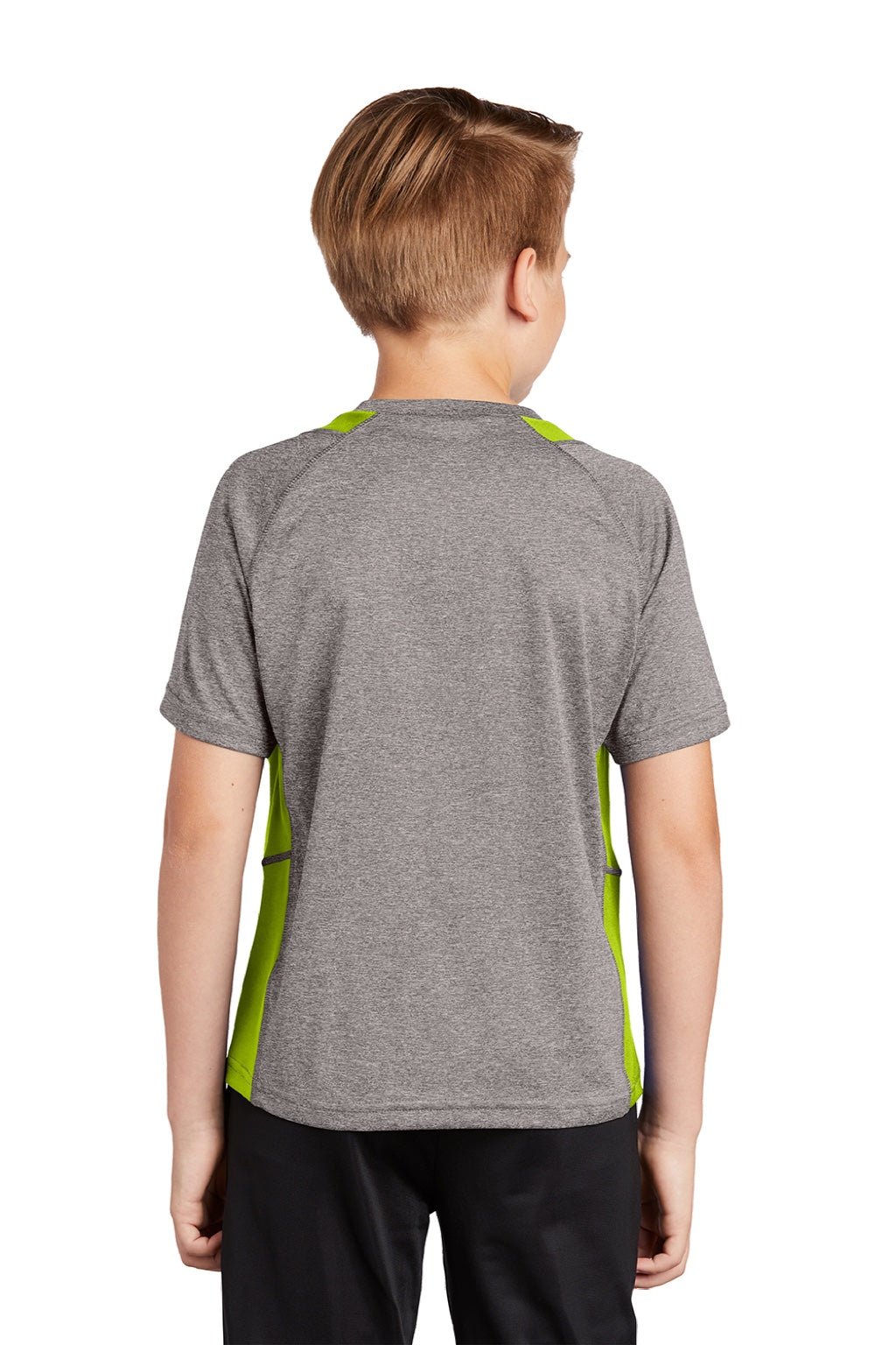 Sport-Tek YST361 Youth Contender Heather Moisture Wicking Short Sleeve Crewneck T-Shirt Heather Vintage Grey/Lime Shock Green Model Back