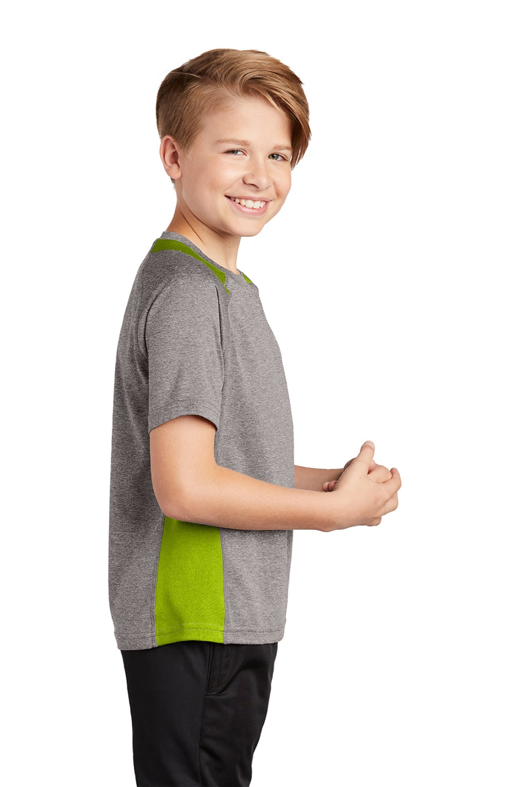 Sport-Tek YST361 Youth Contender Heather Moisture Wicking Short Sleeve Crewneck T-Shirt Heather Vintage Grey/Lime Shock Green Model Side