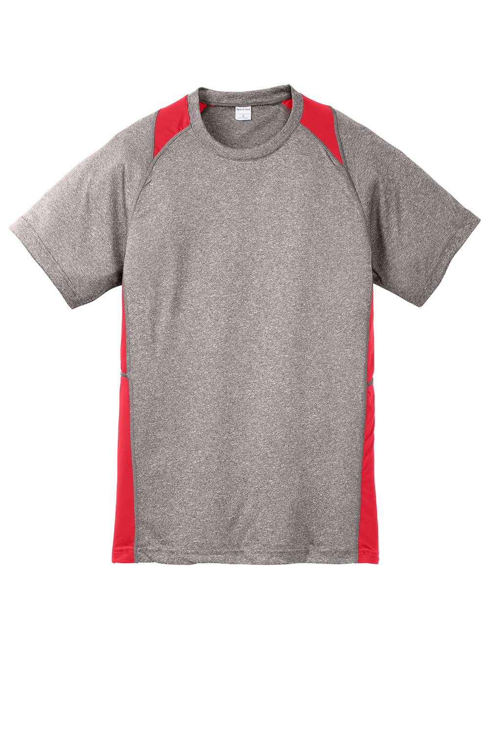 Sport-Tek YST361 Youth Contender Heather Moisture Wicking Short Sleeve Crewneck T-Shirt Heather Vintage Grey/True Red Flat Front