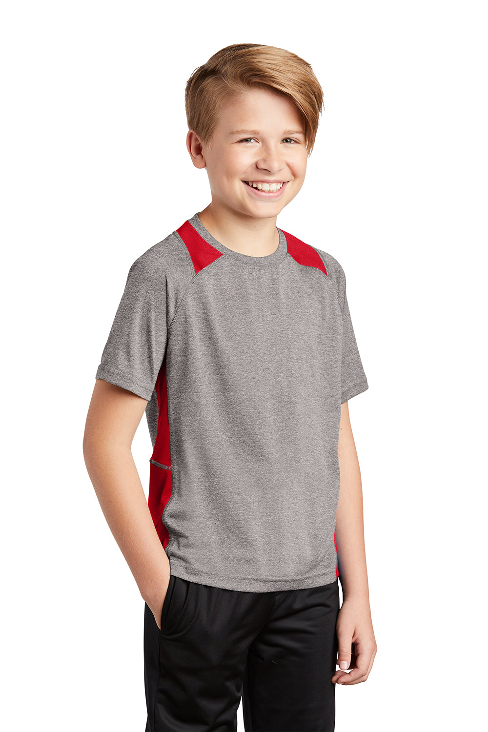 Sport-Tek YST361 Youth Contender Heather Moisture Wicking Short Sleeve Crewneck T-Shirt Heather Vintage Grey/True Red Model 3q