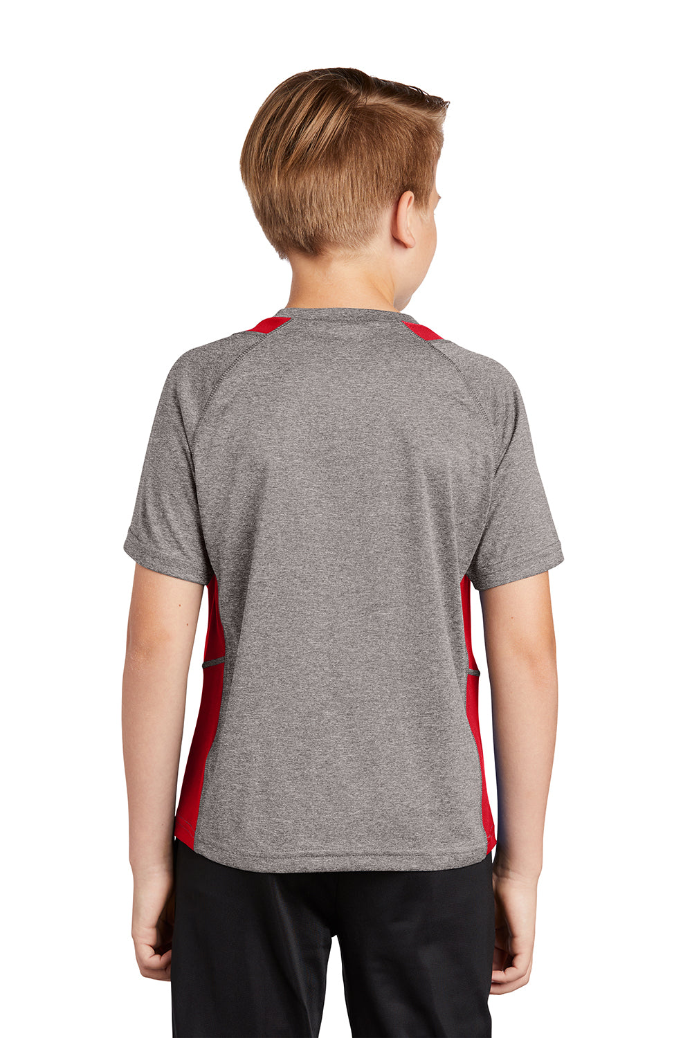 Sport-Tek YST361 Youth Contender Heather Moisture Wicking Short Sleeve Crewneck T-Shirt Heather Vintage Grey/True Red Model Back