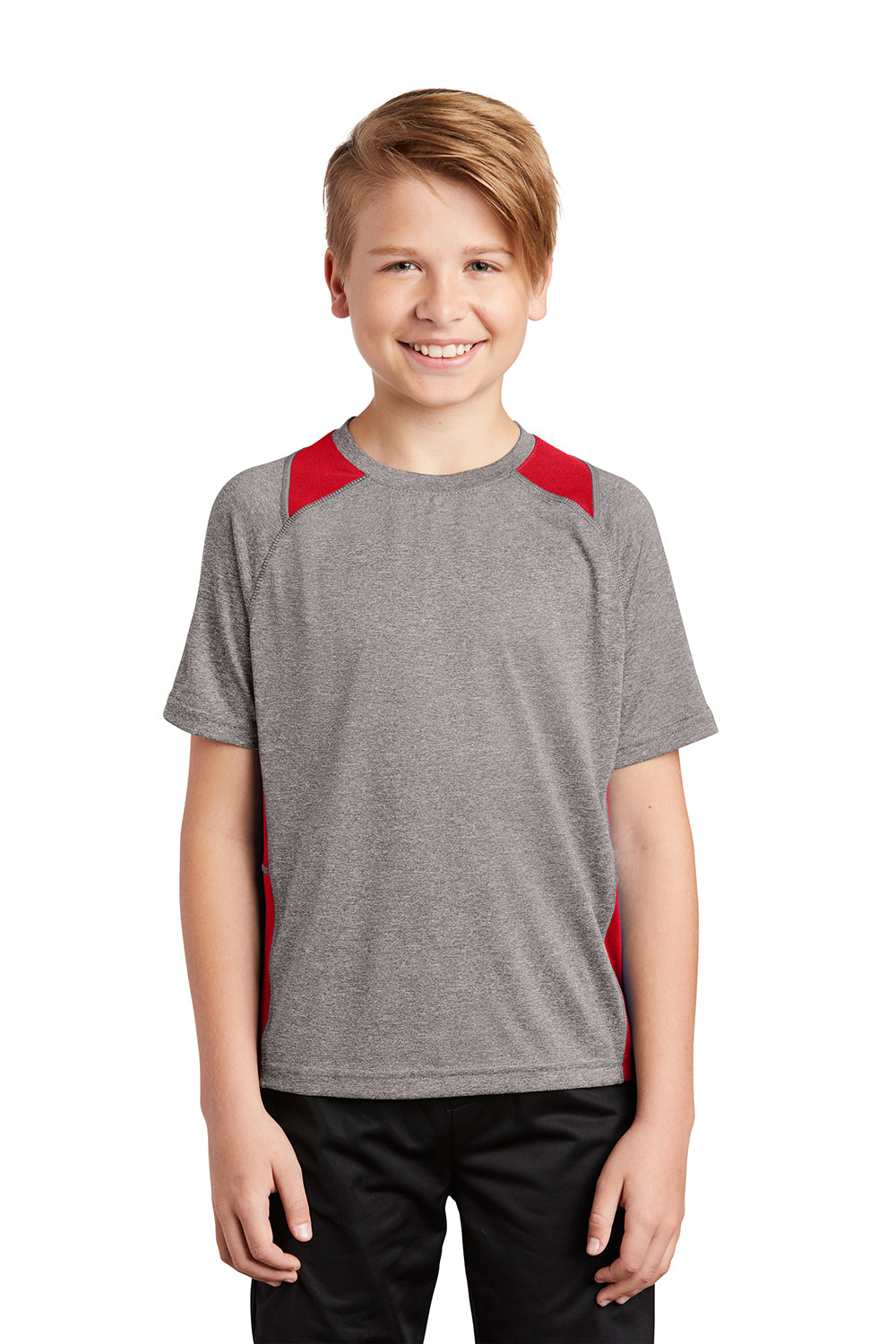 Sport-Tek YST361 Youth Contender Heather Moisture Wicking Short Sleeve Crewneck T-Shirt Heather Vintage Grey/True Red Model Front