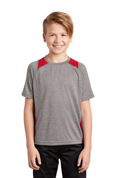 Sport-Tek YST361 Youth Contender Heather Moisture Wicking Short Sleeve Crewneck T-Shirt Heather Vintage Grey/True Red Model Front