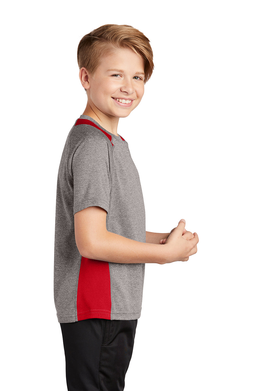 Sport-Tek YST361 Youth Contender Heather Moisture Wicking Short Sleeve Crewneck T-Shirt Heather Vintage Grey/True Red Model Side