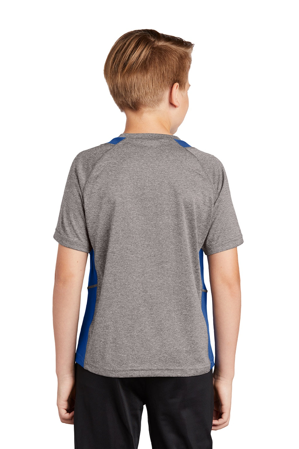 Sport-Tek YST361 Youth Contender Heather Moisture Wicking Short Sleeve Crewneck T-Shirt Heather Vintage Grey/Royal Blue Model Back