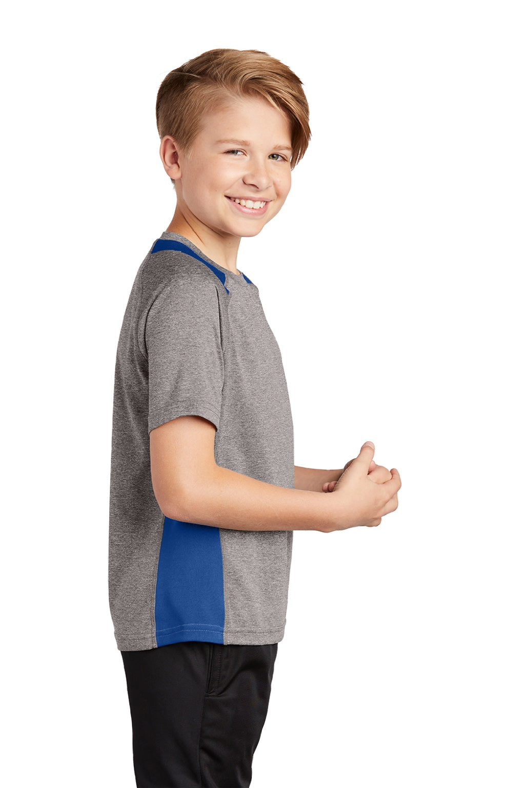 Sport-Tek YST361 Youth Contender Heather Moisture Wicking Short Sleeve Crewneck T-Shirt Heather Vintage Grey/Royal Blue Model Side