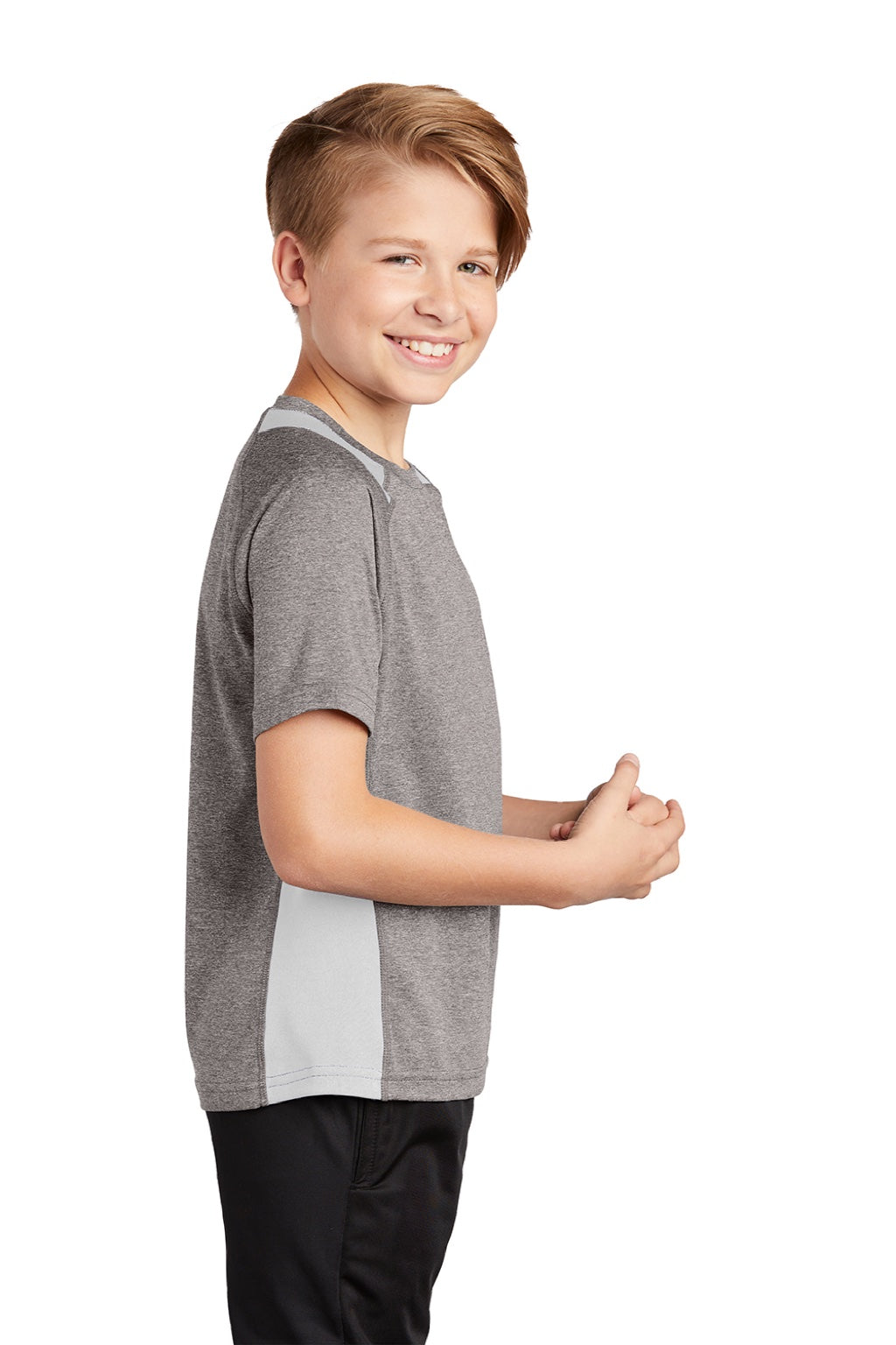 Sport-Tek YST361 Youth Contender Heather Moisture Wicking Short Sleeve Crewneck T-Shirt Heather Vintage Grey/White Model Side