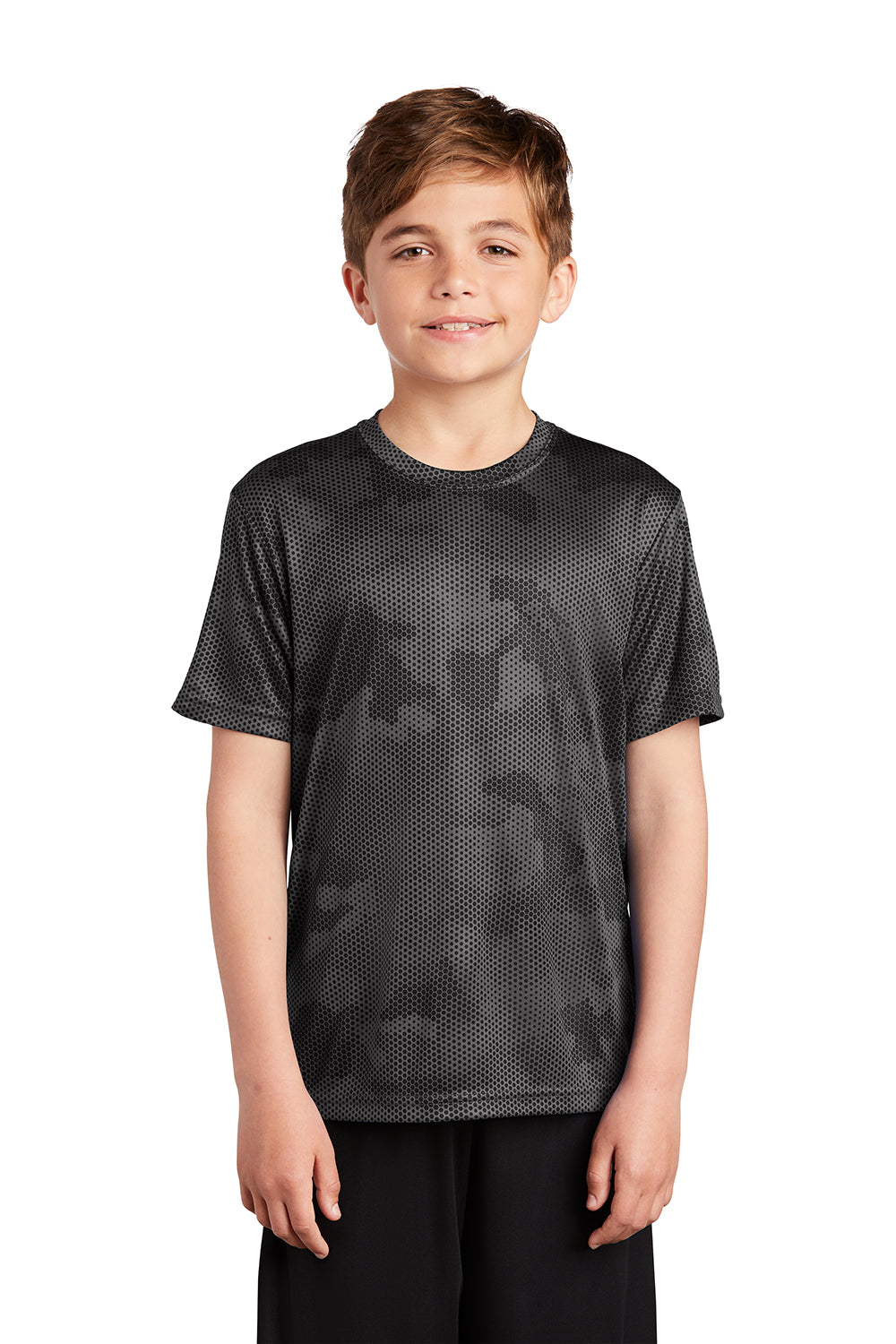 Sport-Tek YST370 Youth CamoHex Moisture Wicking Short Sleeve Crewneck T-Shirt Iron Grey Model Front